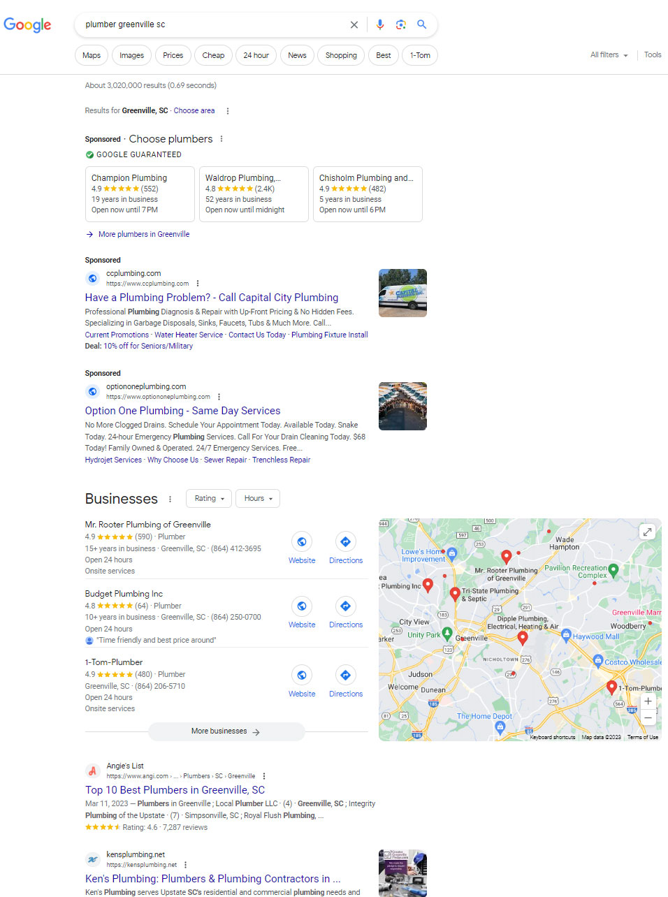 seo-builds-businesses-rank-on-google-map-pack Google search for "Plumber near me" showing results and the google map pack