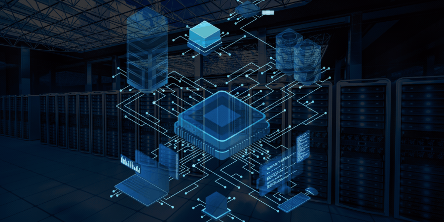 blue gif with microchips and connections to servers, laptops, 