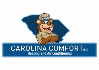 A cartoon bear in a uniform and cap standing in front of a blue outline of South Carolina, above text reading “Carolina Comfort Inc Heating and Air Conditioning.”