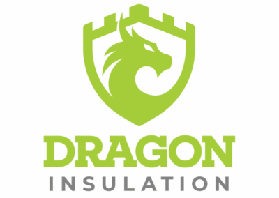 A green dragon head inside a castle-shaped shield above bold green and gray text reading “Dragon Insulation.”