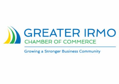 Blue and green text with three colored sail shapes and the tagline “Greater Irmo Chamber of Commerce. Growing a Stronger Business Community.”