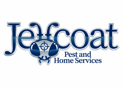 The word “Jeffcoat” in blue gradient text featuring a stylized insect head with a target design, and smaller text reading “Pest and Home Services.”