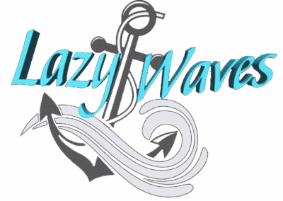 Stylized turquoise and gray text with an anchor and flowing wave design in the background.