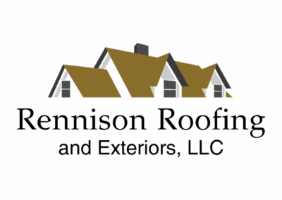 Gold and gray house rooftops with text reading “Crescent Construction” and “Roofing, Siding, Gutters” underneath.