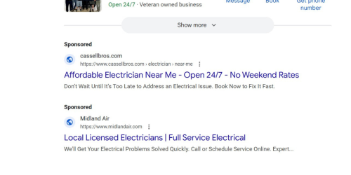 Google search results for electricians near Columbia, SC, showing businesses with ratings and a map.